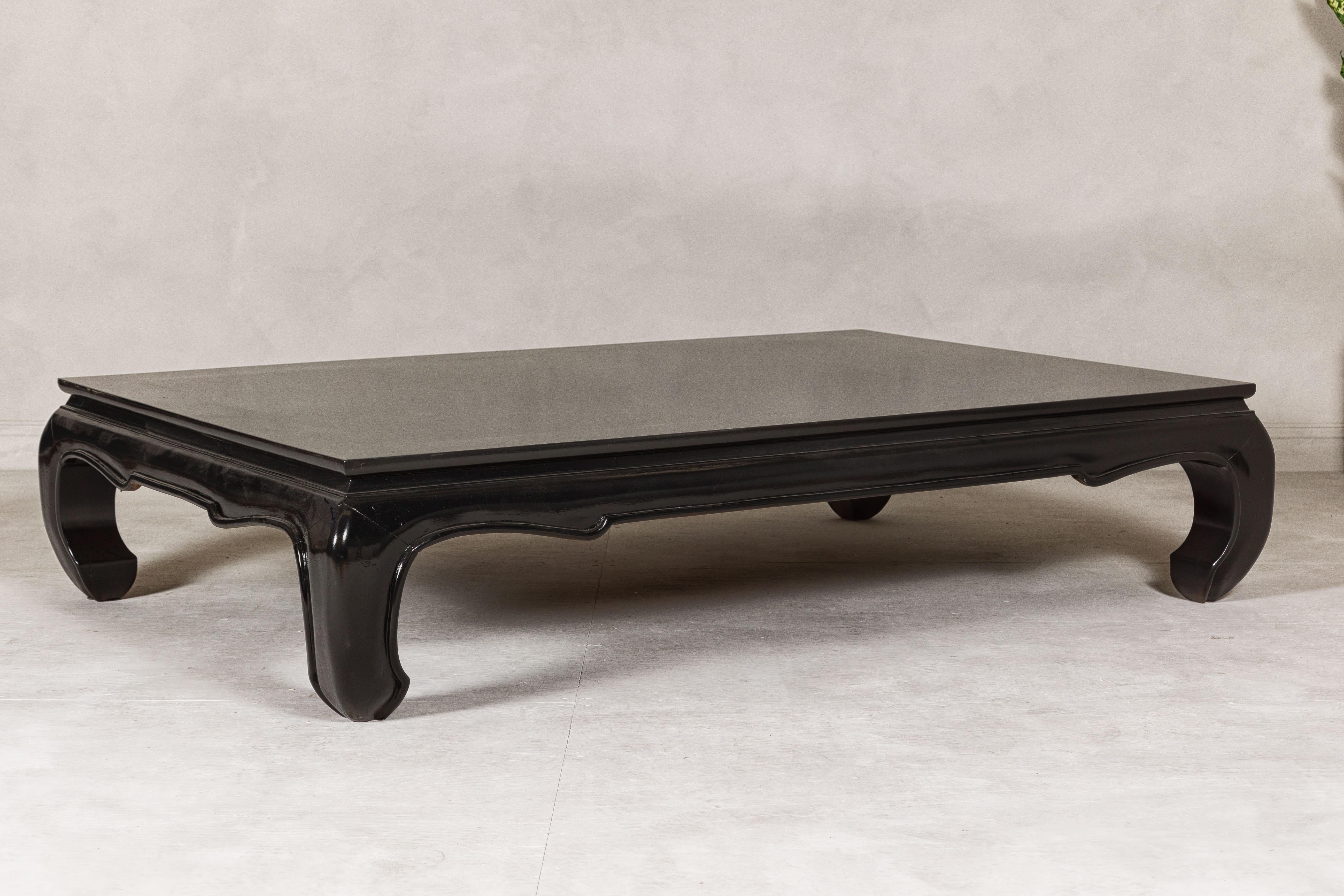 Teak Wood Chow Legs Coffee Table with Custom Black Lacquer Finish For Sale 3