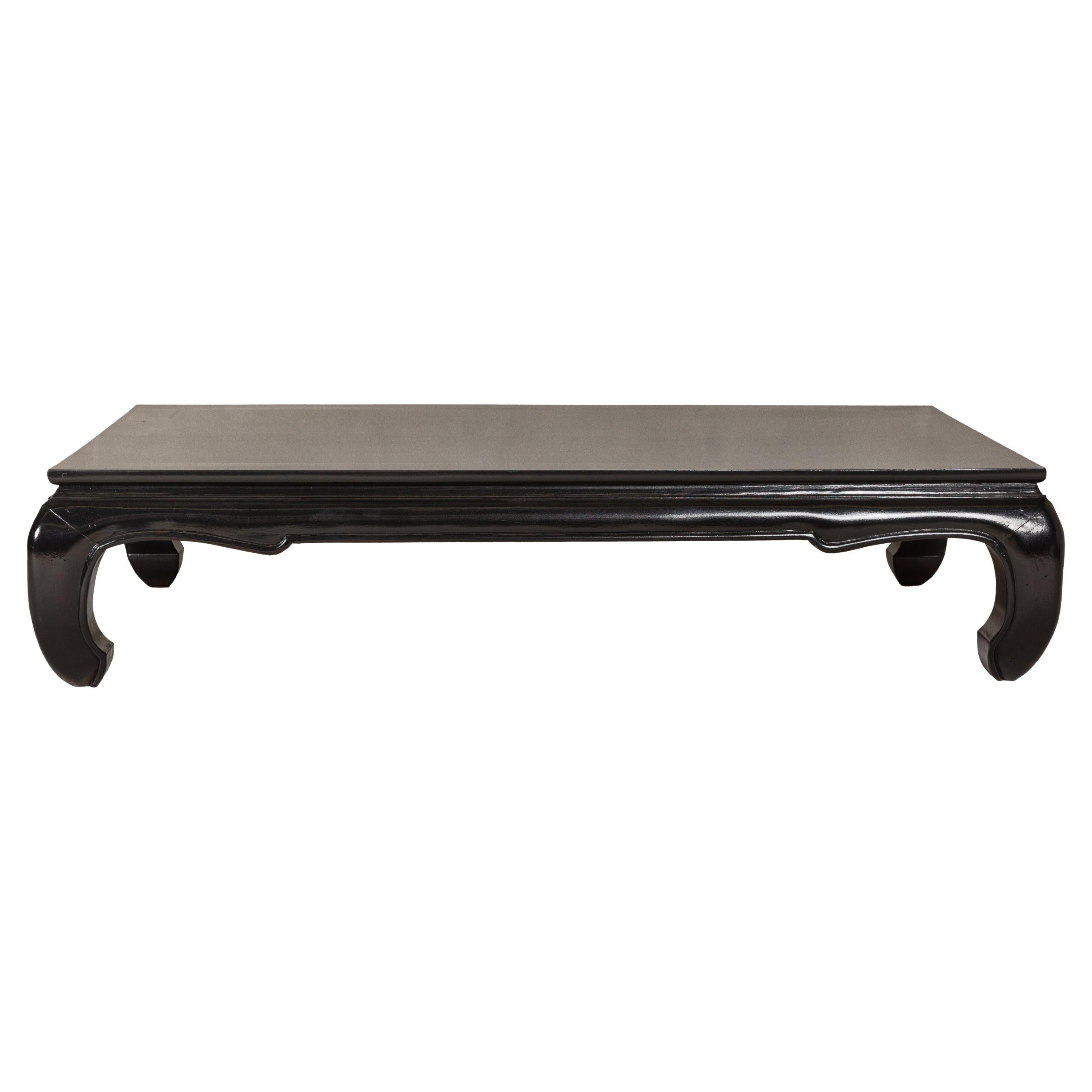 Teak Wood Chow Legs Coffee Table with Custom Black Lacquer Finish For Sale