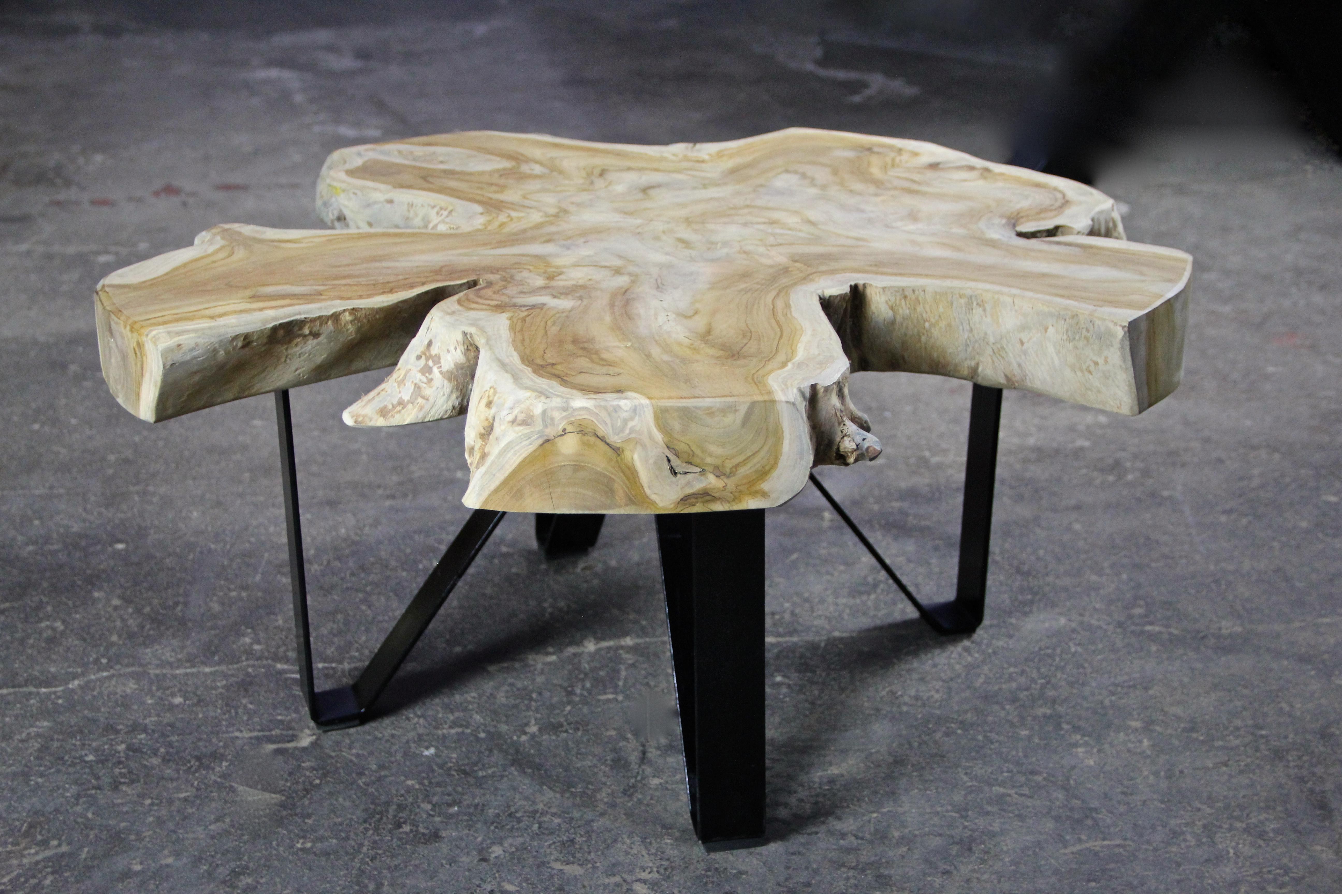 Teak Wood Coffee Table/ Sofa Table on Black Metal Feet, Organic Modern 3