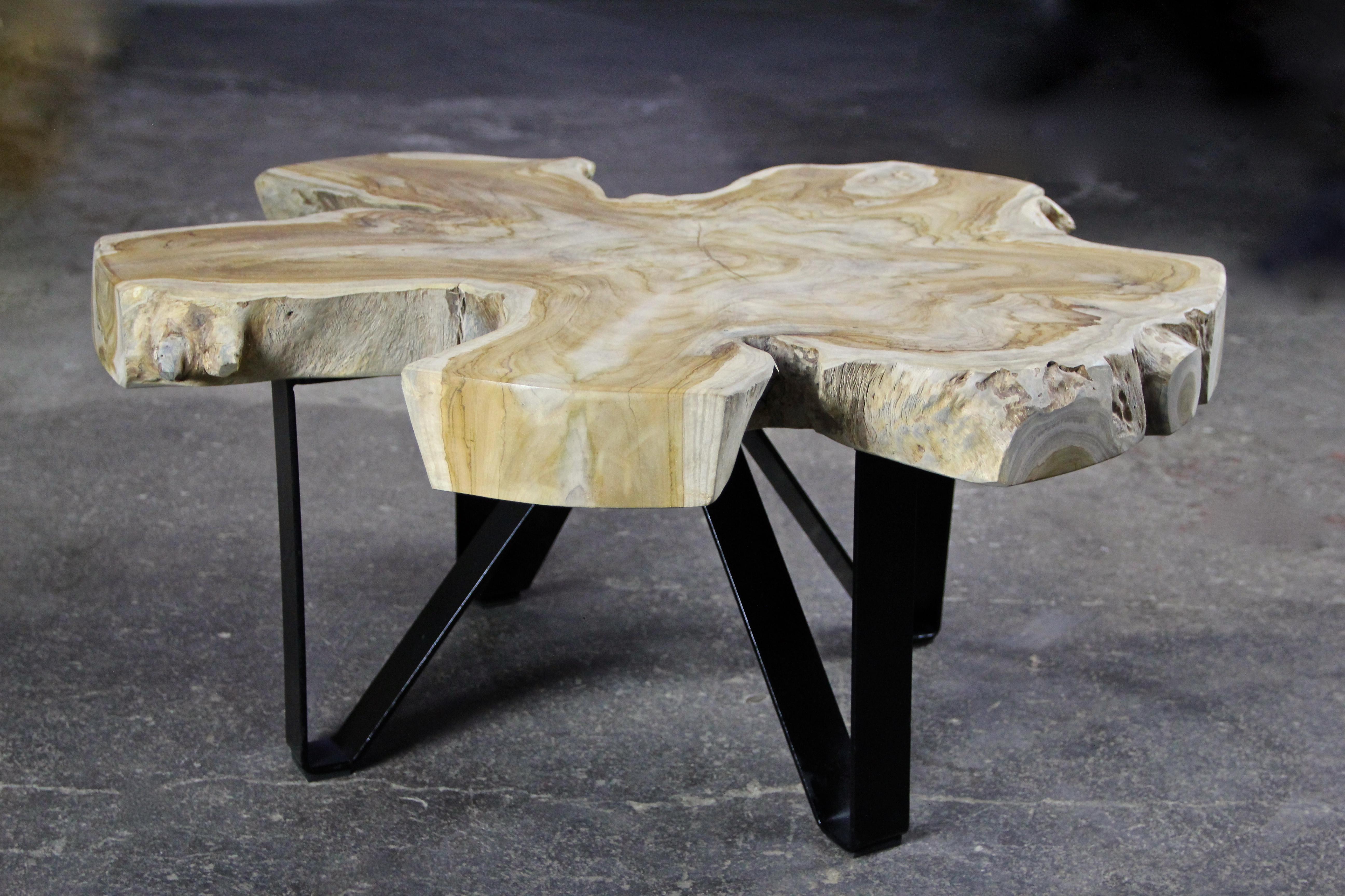 Teak Wood Coffee Table/ Sofa Table on Black Metal Feet, Organic Modern 1