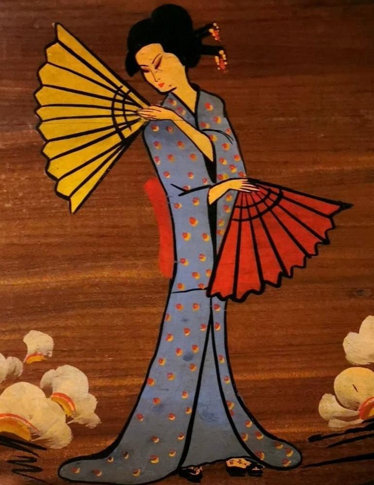 Teak Wood Decorative Panels with Japanese Kimono Figures For Sale 3