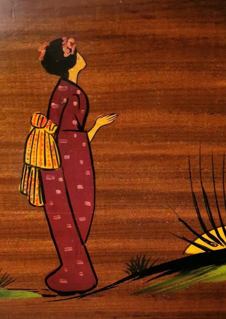 Teak Wood Decorative Panels with Japanese Kimono Figures For Sale 4