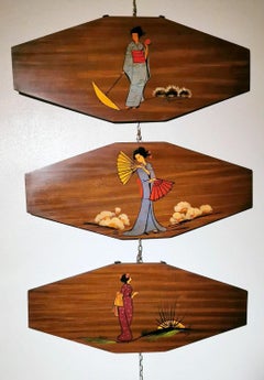 Teak Wood Decorative Panels with Japanese Kimono Figures