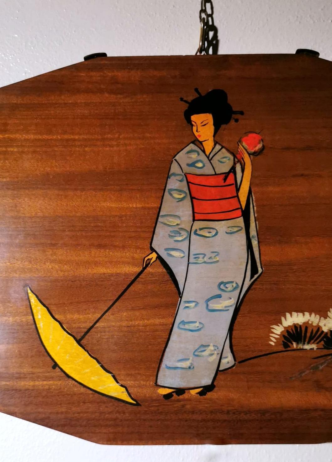 Teak Wood Decorative Panels with Japanese Kimono Figures In Good Condition For Sale In Prato, Tuscany