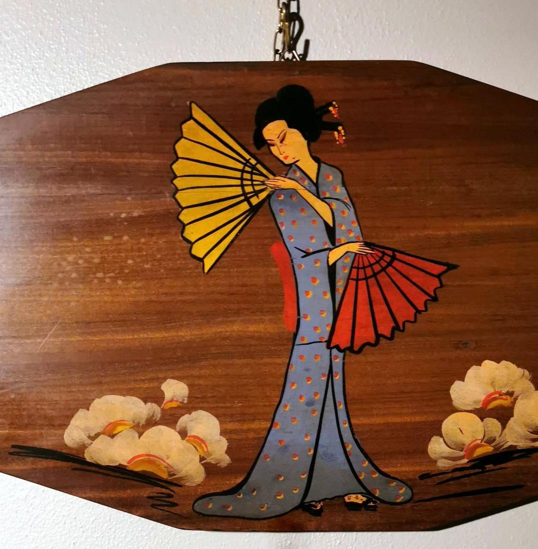 20th Century Teak Wood Decorative Panels with Japanese Kimono Figures For Sale