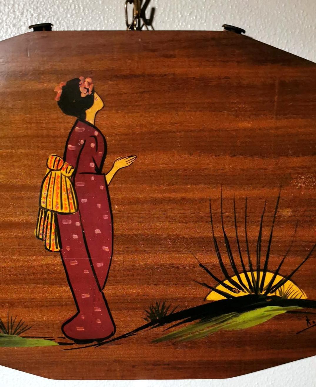 Teak Wood Decorative Panels with Japanese Kimono Figures For Sale 1