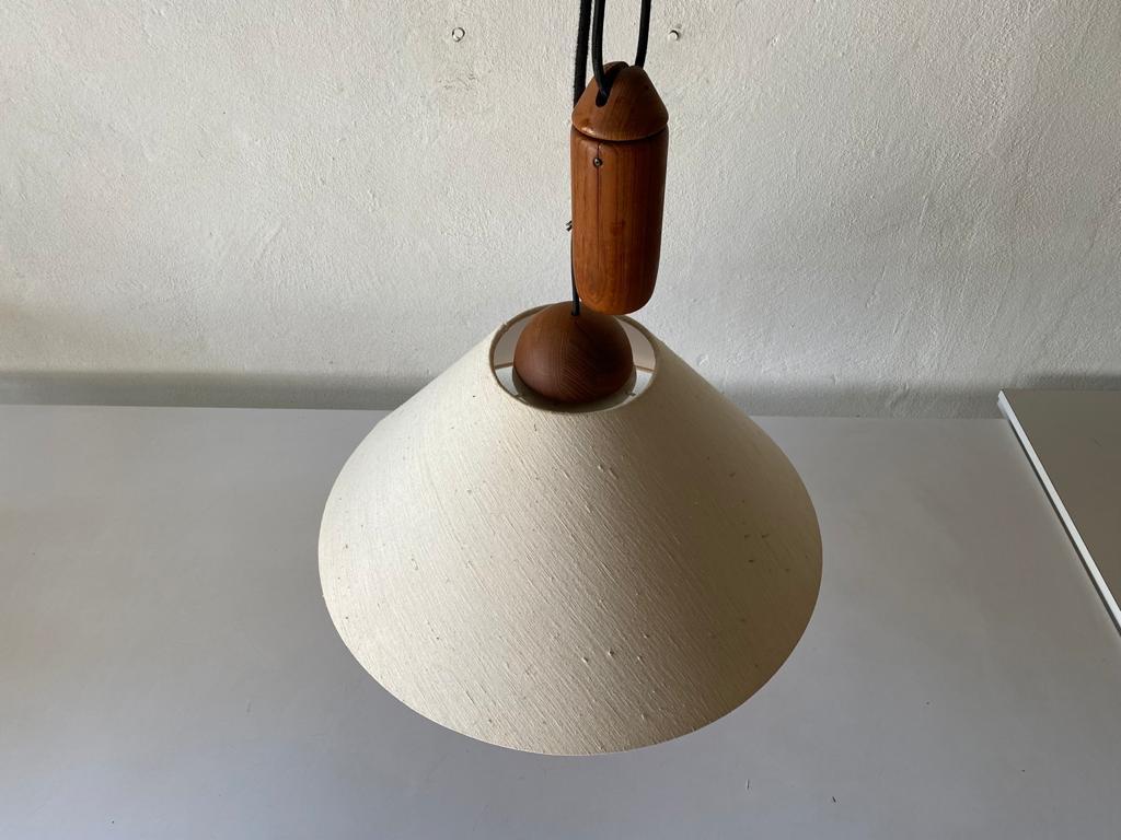 Teak Wood & Fabric Shade Counterweight Pendant Lamp by Domus, 1980s, Italy 4