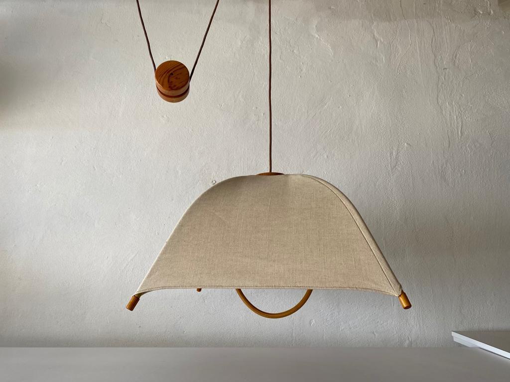 Teak Wood & Fabric Shade Counterweight Pendant Lamp by Domus, 1980s Italy 3