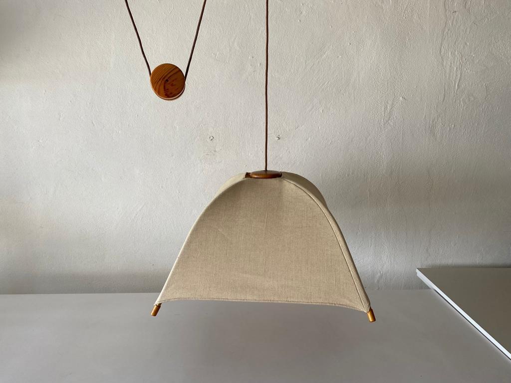 Teak Wood & Fabric Shade Counterweight Pendant Lamp by Domus, 1980s Italy 4