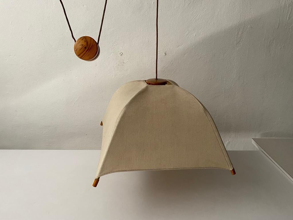 Teak Wood & Fabric Shade Counterweight Pendant Lamp by Domus, 1980s Italy 5