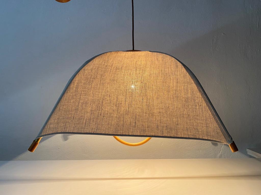 Mid-Century Modern Teak Wood & Fabric Shade Counterweight Pendant Lamp by Domus, 1980s Italy