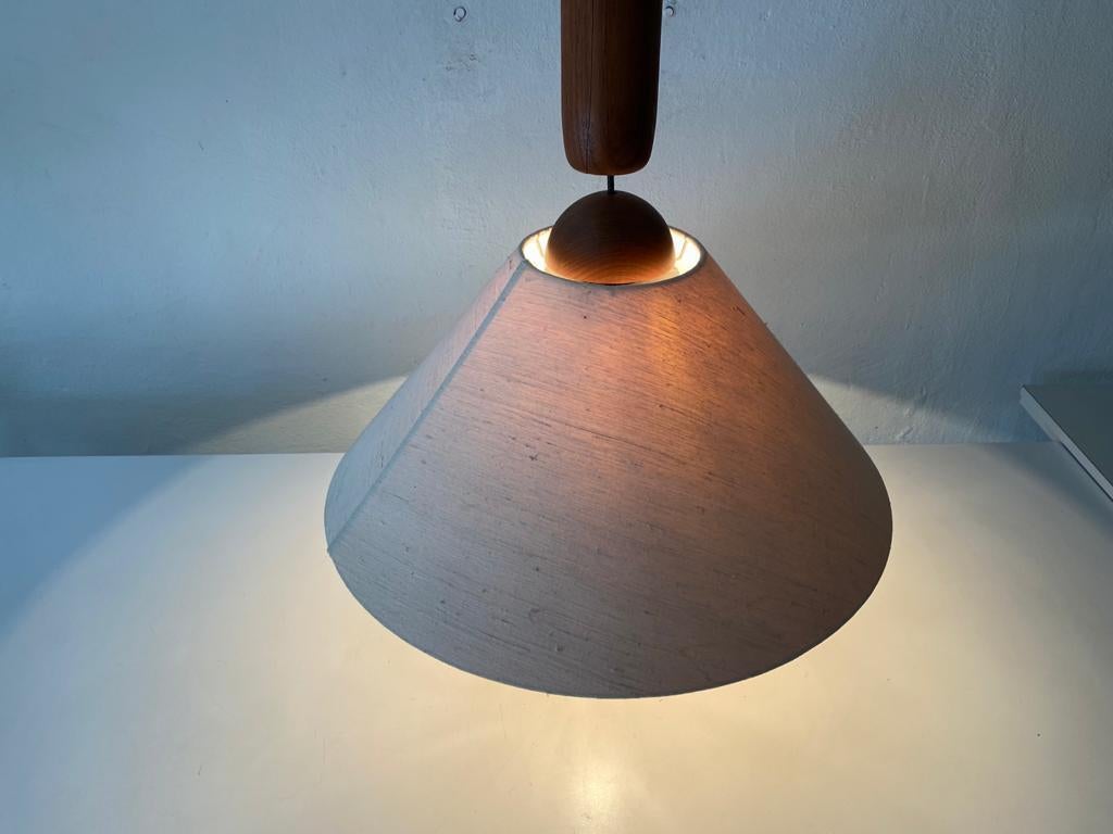 Teak Wood & Fabric Shade Counterweight Pendant Lamp by Domus, 1980s, Italy 1