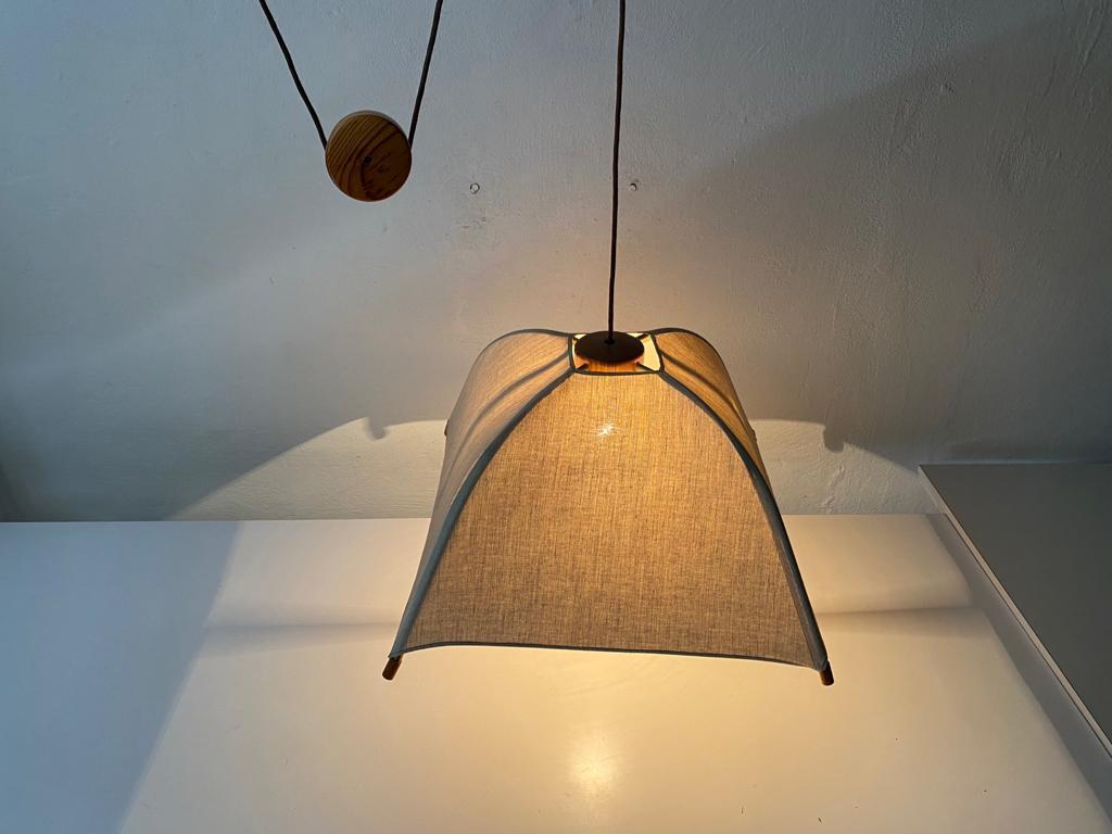 Late 20th Century Teak Wood & Fabric Shade Counterweight Pendant Lamp by Domus, 1980s Italy