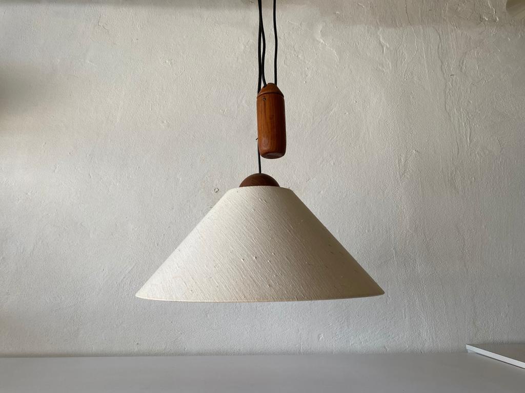 Teak Wood & Fabric Shade Counterweight Pendant Lamp by Domus, 1980s, Italy 2