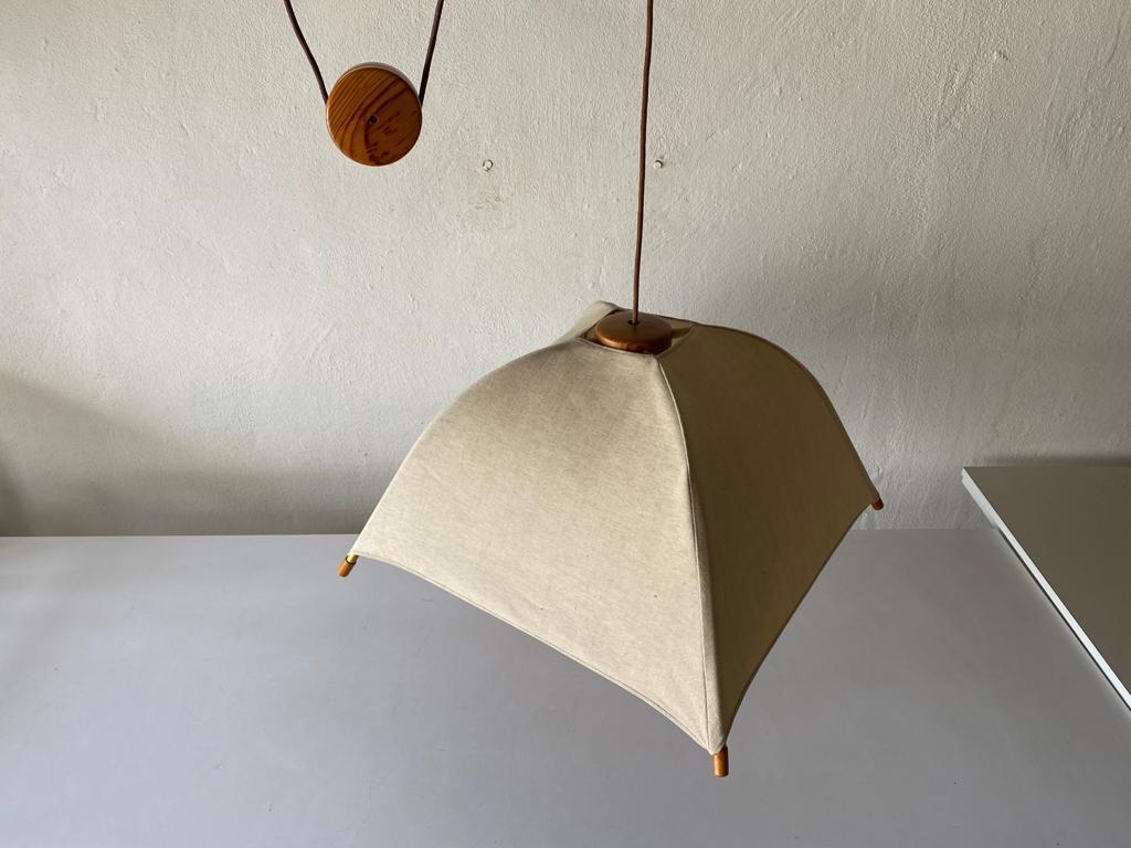 Teak Wood & Fabric Shade Counterweight Pendant Lamp by Domus, 1980s Italy 1