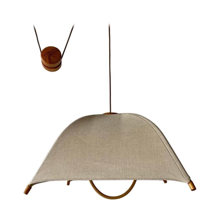 Teak Wood & Fabric Shade Counterweight Pendant Lamp by Domus, 1980s Italy