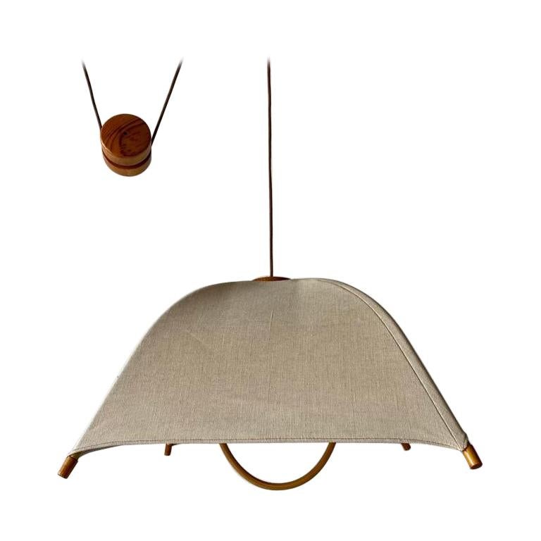 Teak Wood and Fabric Shade Counterweight Pendant Lamp by Domus, 1980s