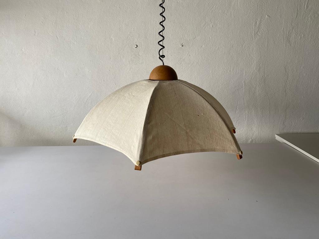 Teak Wood Frame & Fabric Shade Pendant Lamp by Domus, 1980s, Italy 4