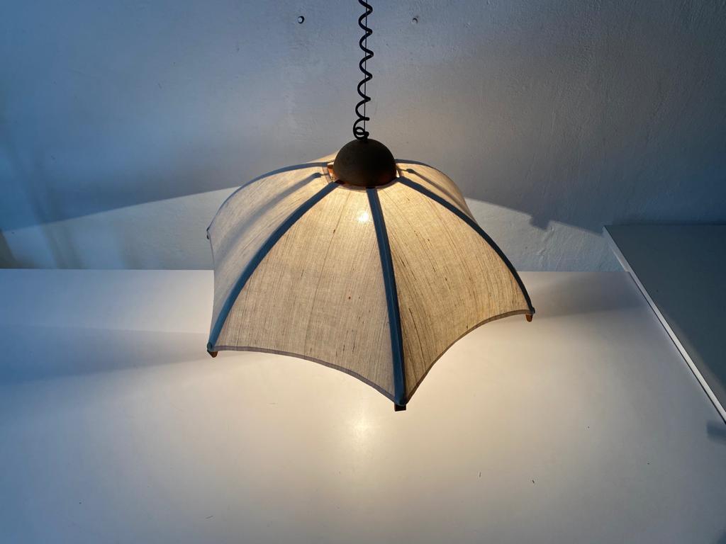 Teak Wood Frame & Fabric Shade Pendant Lamp by Domus, 1980s, Italy 5
