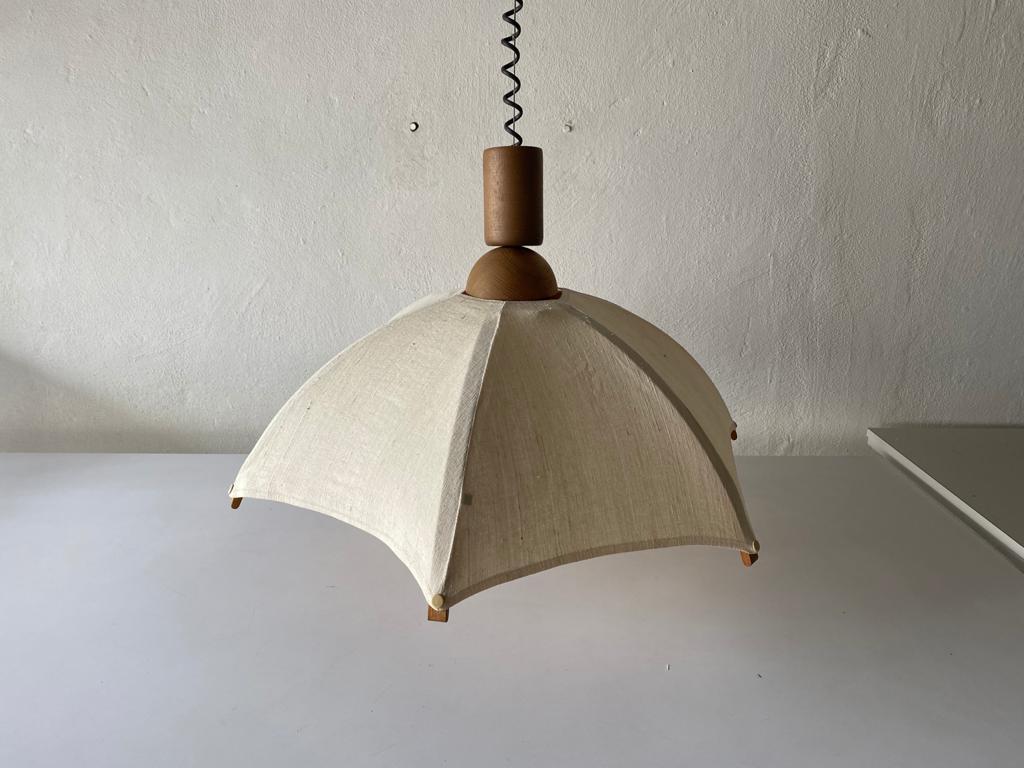 Teak Wood Frame & Fabric Shade Pendant Lamp by Domus, 1980s, Italy 6