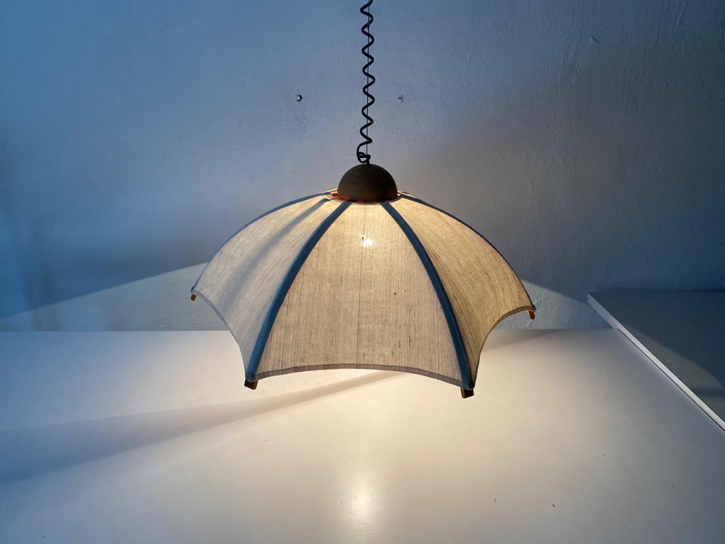 Teak Wood Frame & Fabric Shade Pendant Lamp by Domus, 1980s, Italy 7