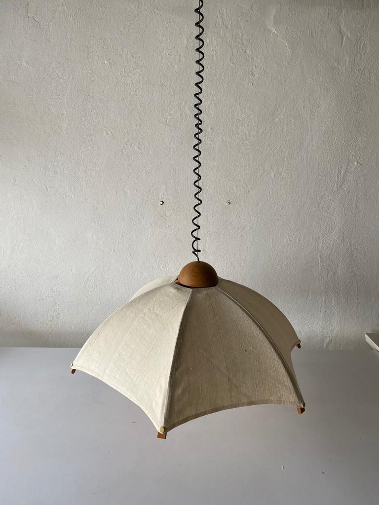 Mid-Century Modern Teak Wood Frame & Fabric Shade Pendant Lamp by Domus, 1980s, Italy
