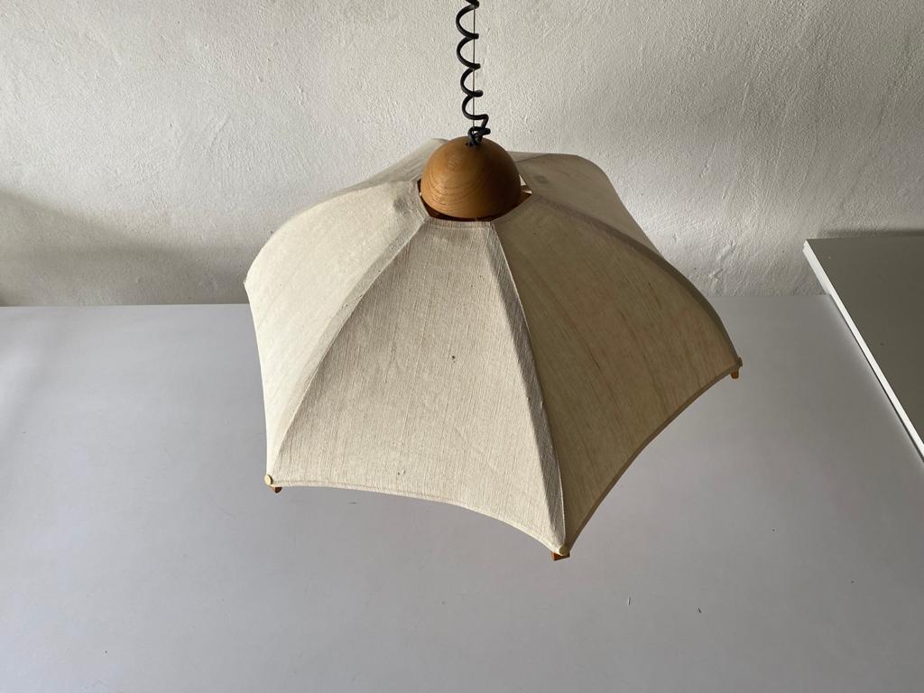 Italian Teak Wood Frame & Fabric Shade Pendant Lamp by Domus, 1980s, Italy