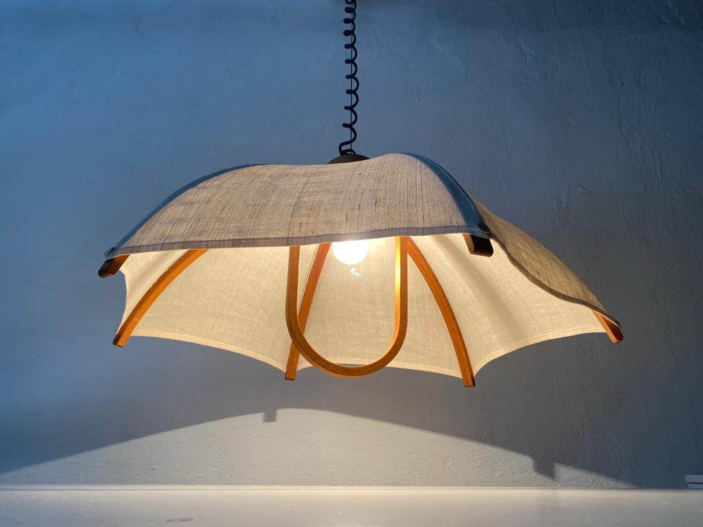 Teak Wood Frame & Fabric Shade Pendant Lamp by Domus, 1980s, Italy In Good Condition In Hagenbach, DE