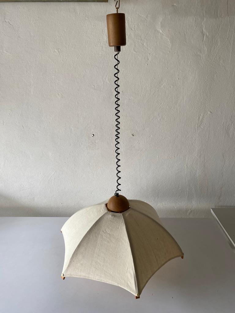 Late 20th Century Teak Wood Frame & Fabric Shade Pendant Lamp by Domus, 1980s, Italy