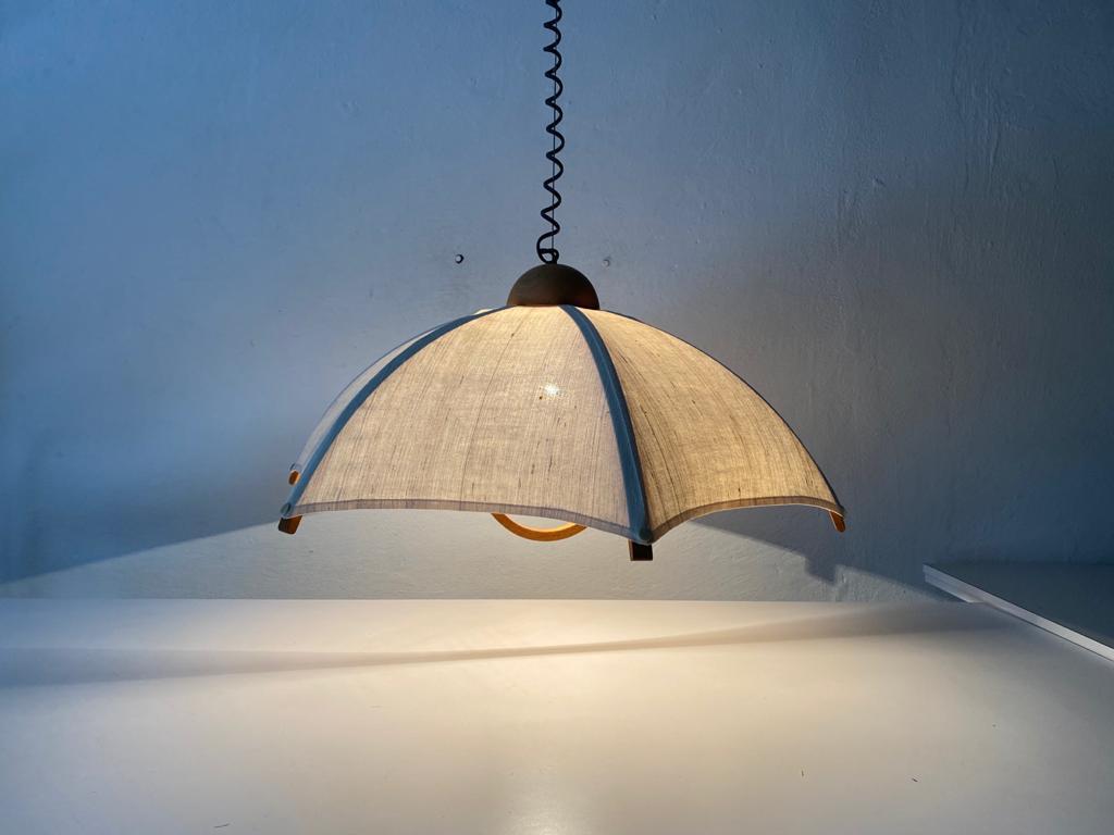 Teak Wood Frame & Fabric Shade Pendant Lamp by Domus, 1980s, Italy 1