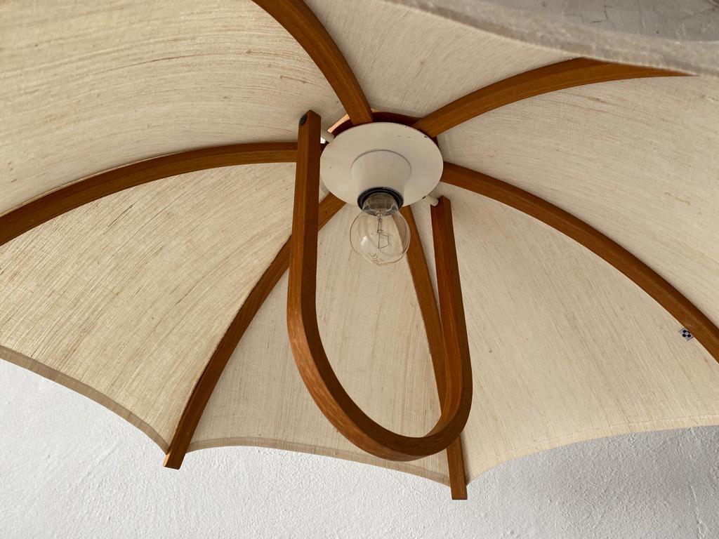 Teak Wood Frame & Fabric Shade Pendant Lamp by Domus, 1980s, Italy 2
