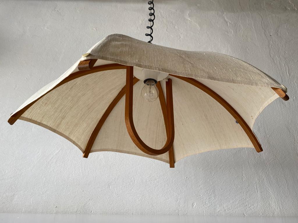 Teak Wood Frame & Fabric Shade Pendant Lamp by Domus, 1980s, Italy 3