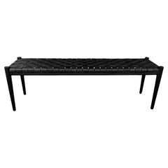 Teak Wood Framed Bench, with Woven Black Leather Seat & Frame