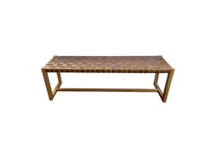 Teak Wood Framed Bench, with Woven Leather Seat