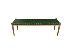 Teak Wood Framed Bench, with Woven Leather Seat