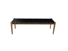 Teak Wood Framed Bench, with Woven Leather Seat