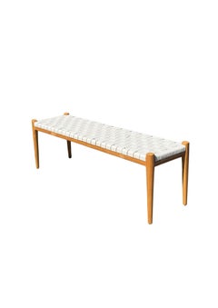 Teak Wood Framed Bench, with Woven Leather Seat