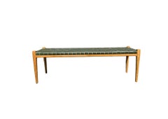 Teak Wood Framed Bench, with Woven Leather Seat