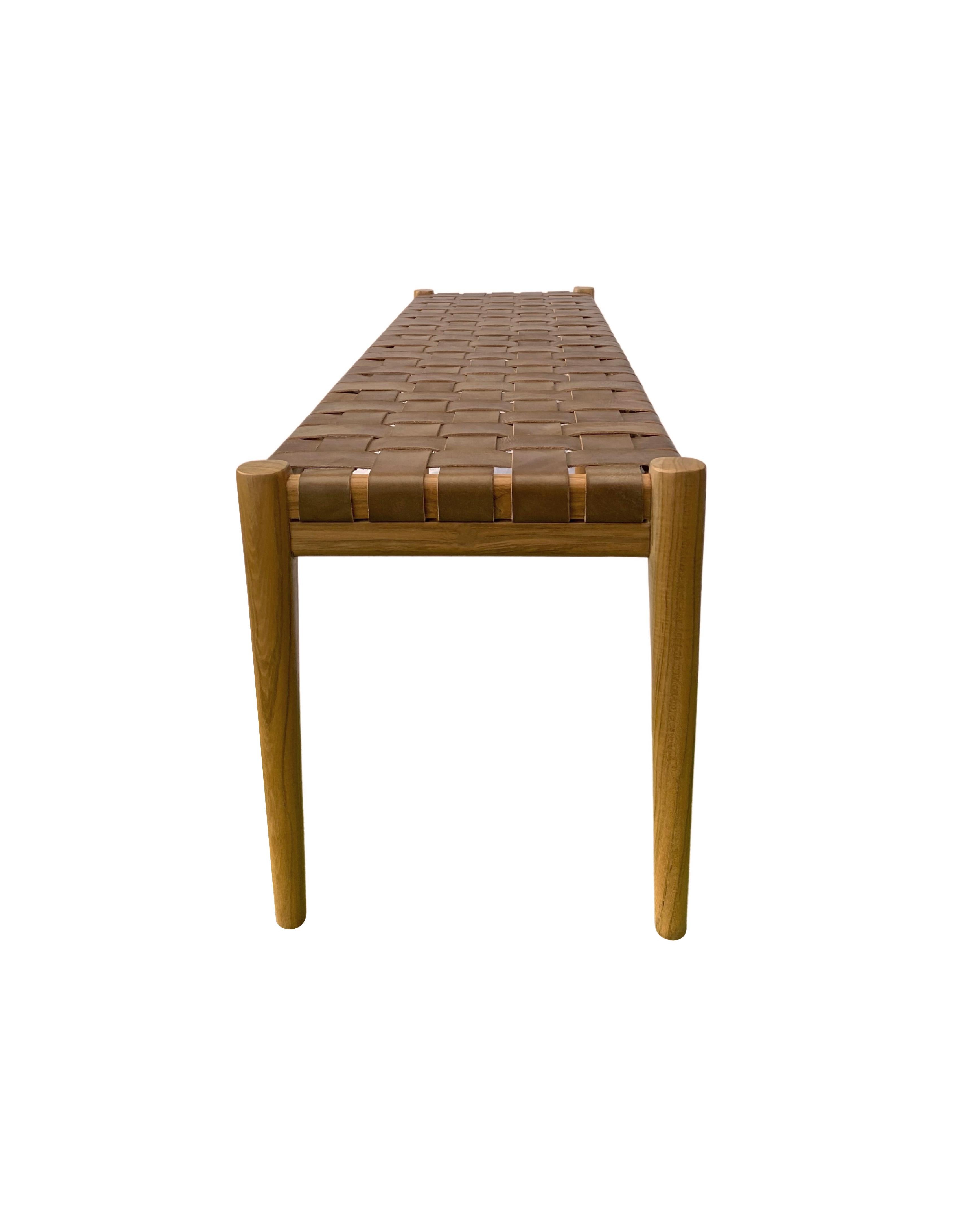 Modern Teak Wood Framed Bench, with Woven Leather Seat For Sale