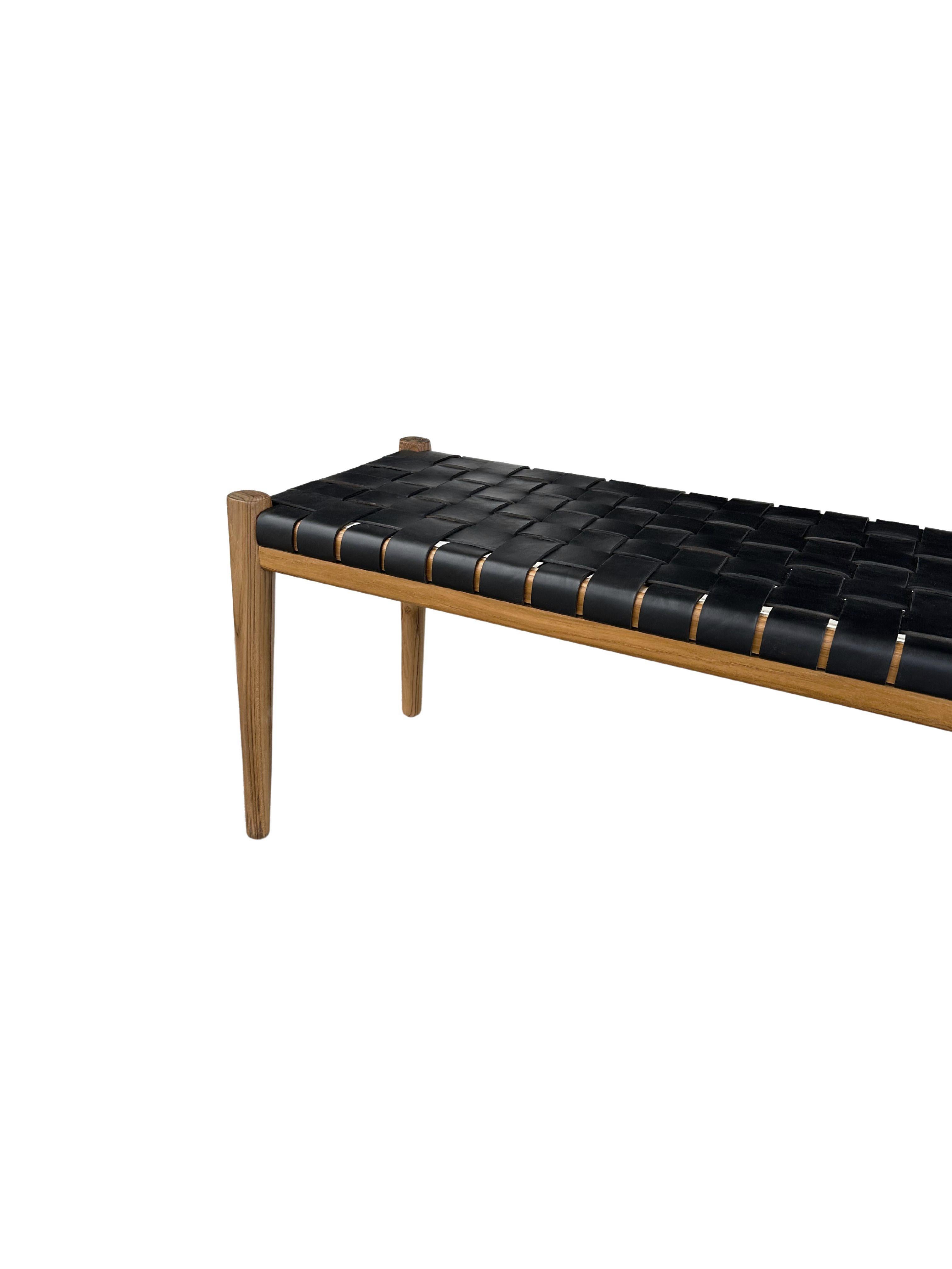 Modern Teak Wood Framed Bench, with Woven Leather Seat For Sale