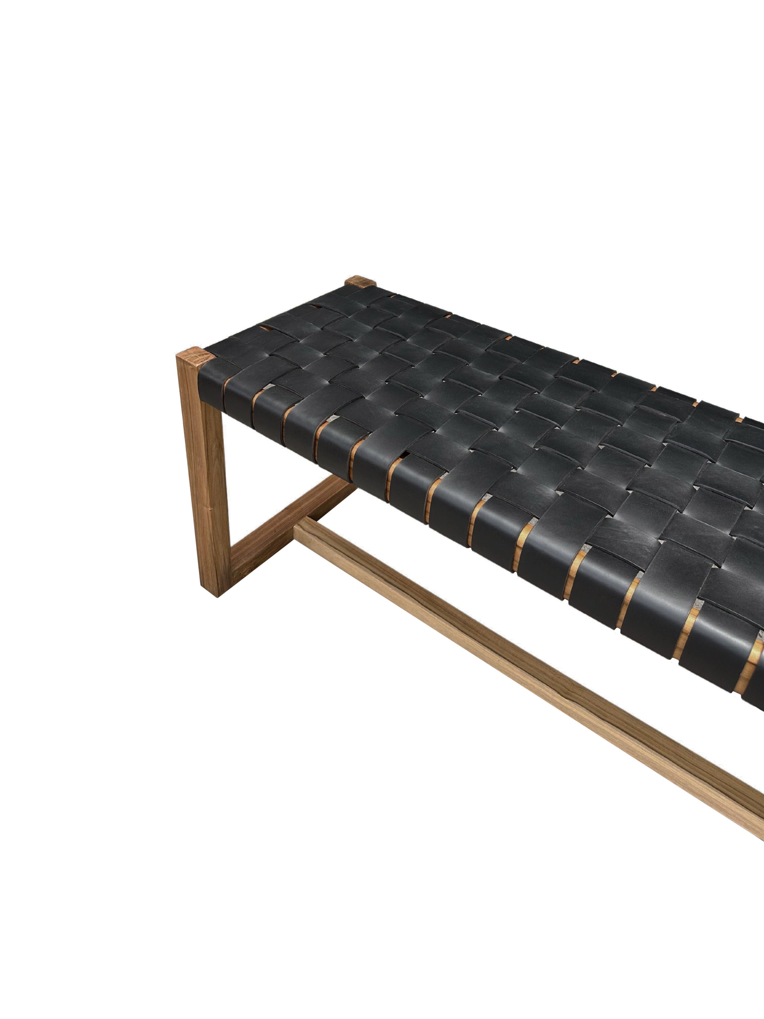 Modern Teak Wood Framed Bench, with Woven Leather Seat For Sale