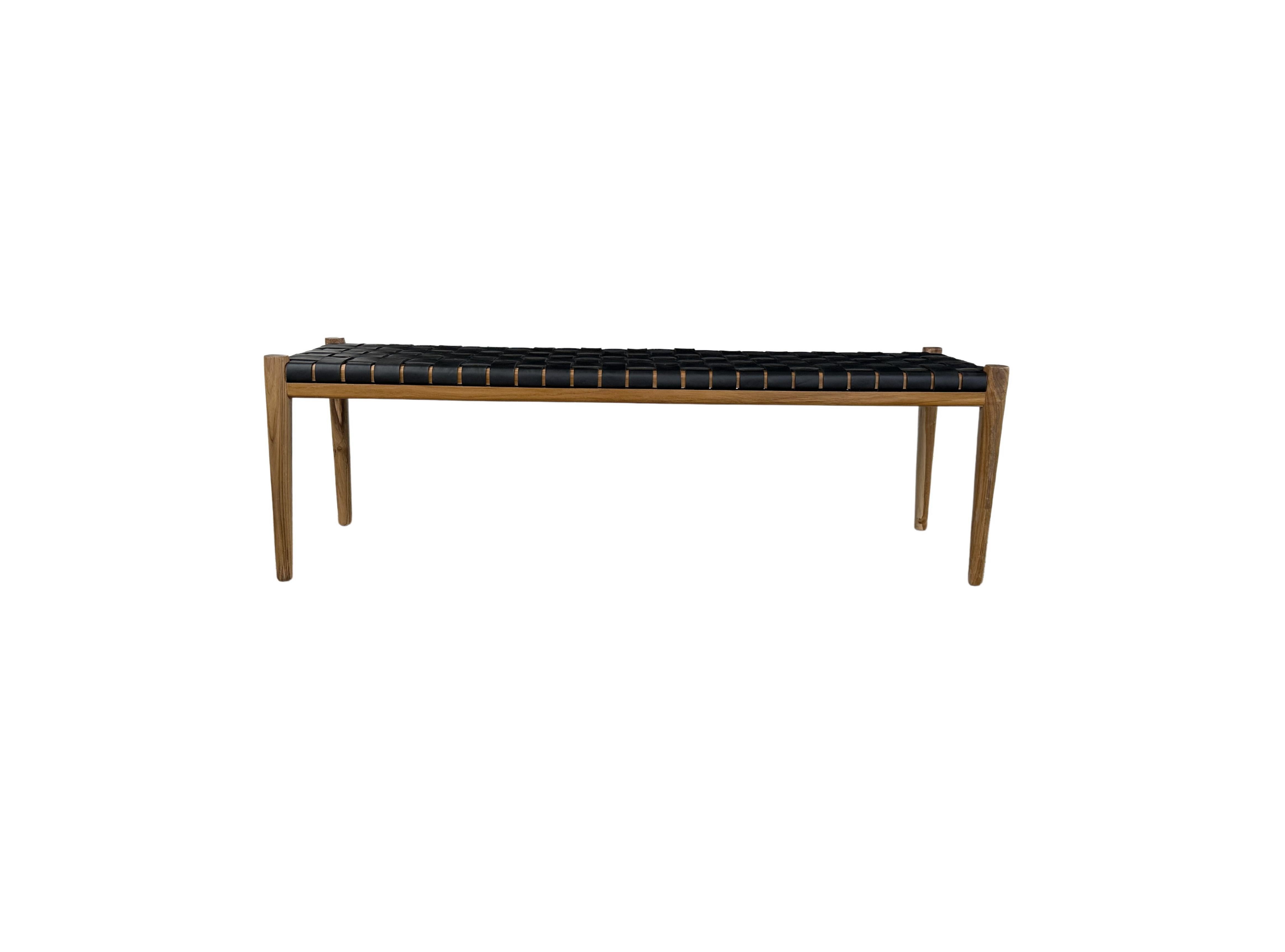 Indonesian Teak Wood Framed Bench, with Woven Leather Seat For Sale