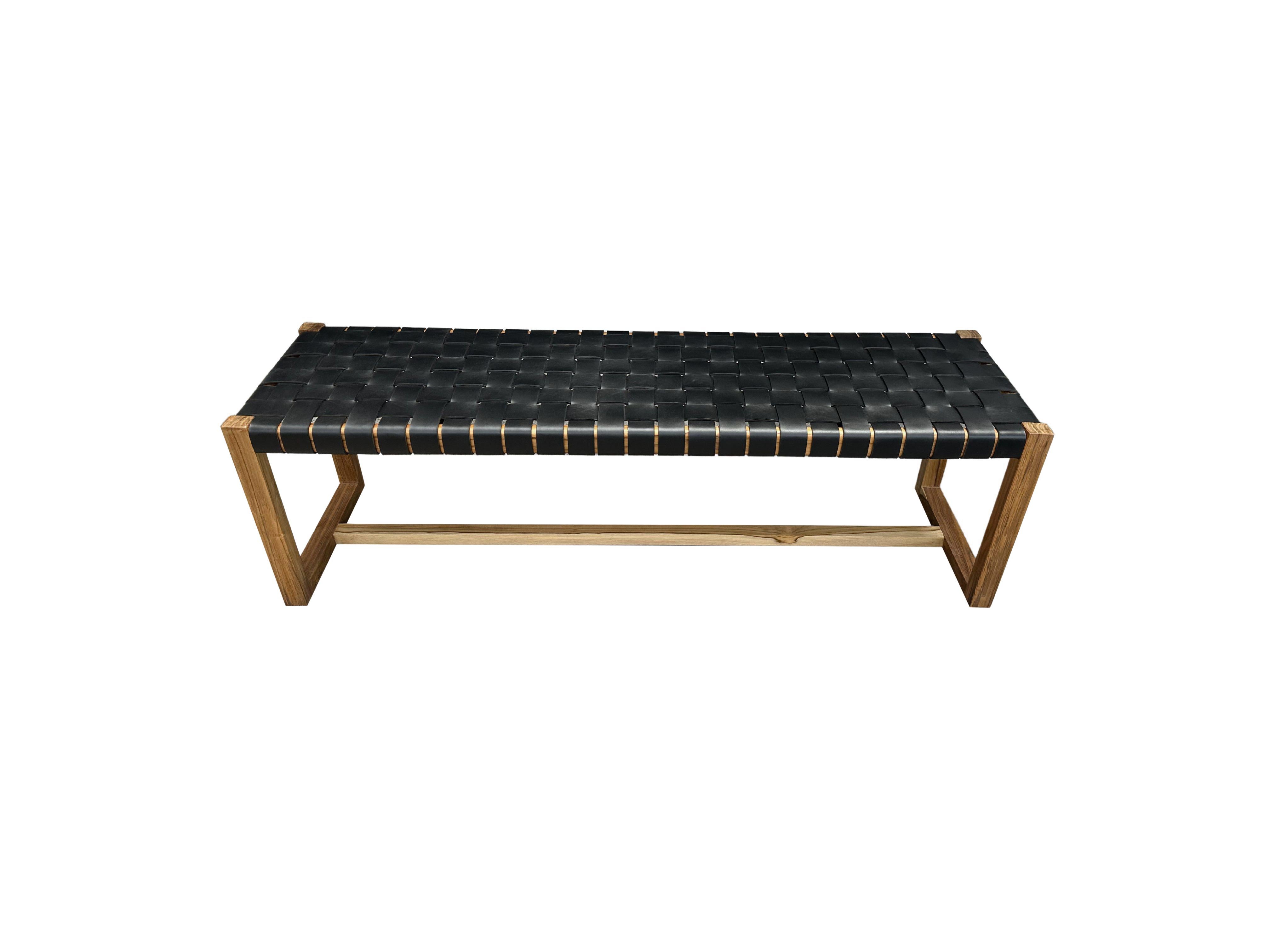Indonesian Teak Wood Framed Bench, with Woven Leather Seat For Sale