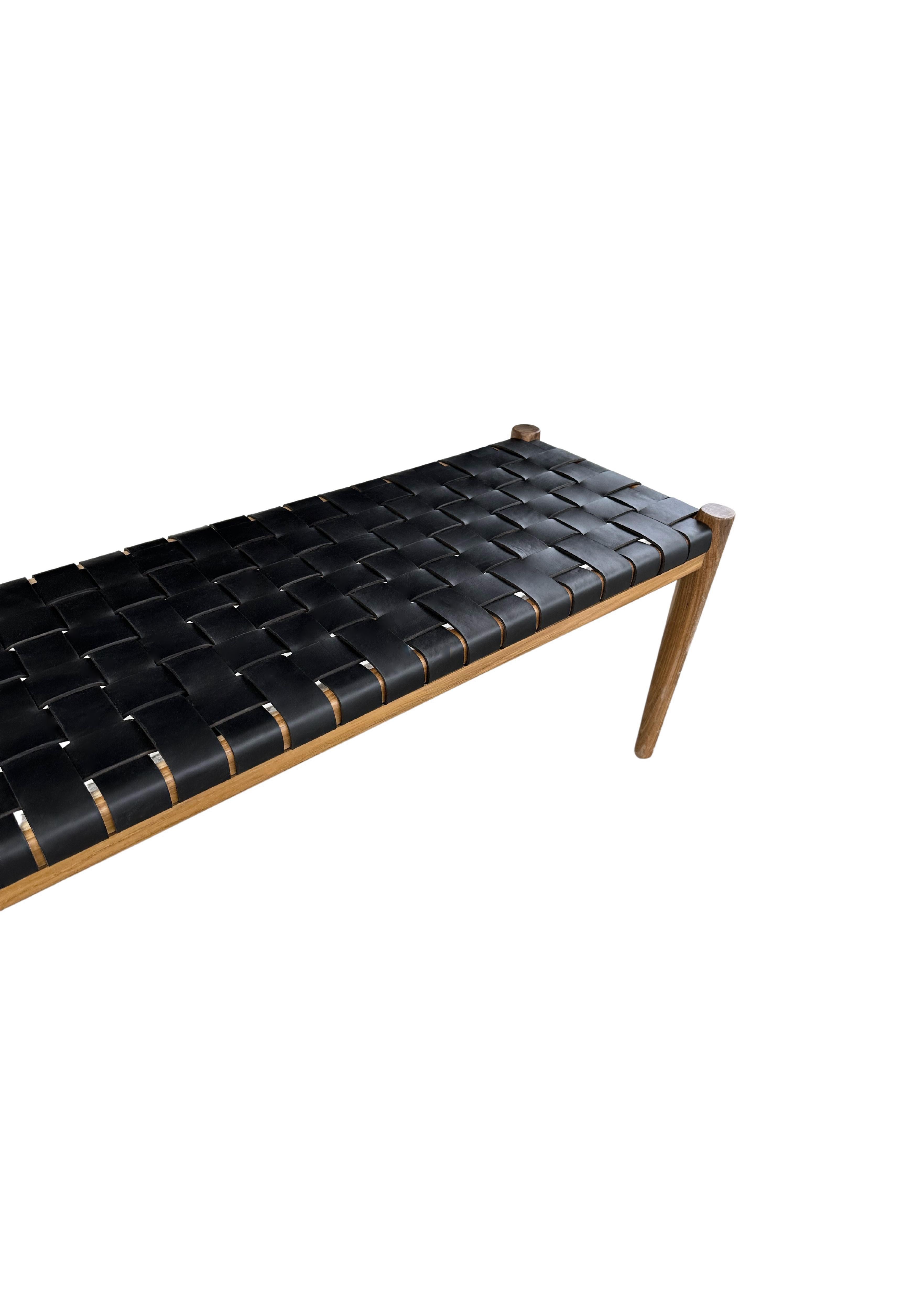 Hand-Crafted Teak Wood Framed Bench, with Woven Leather Seat For Sale