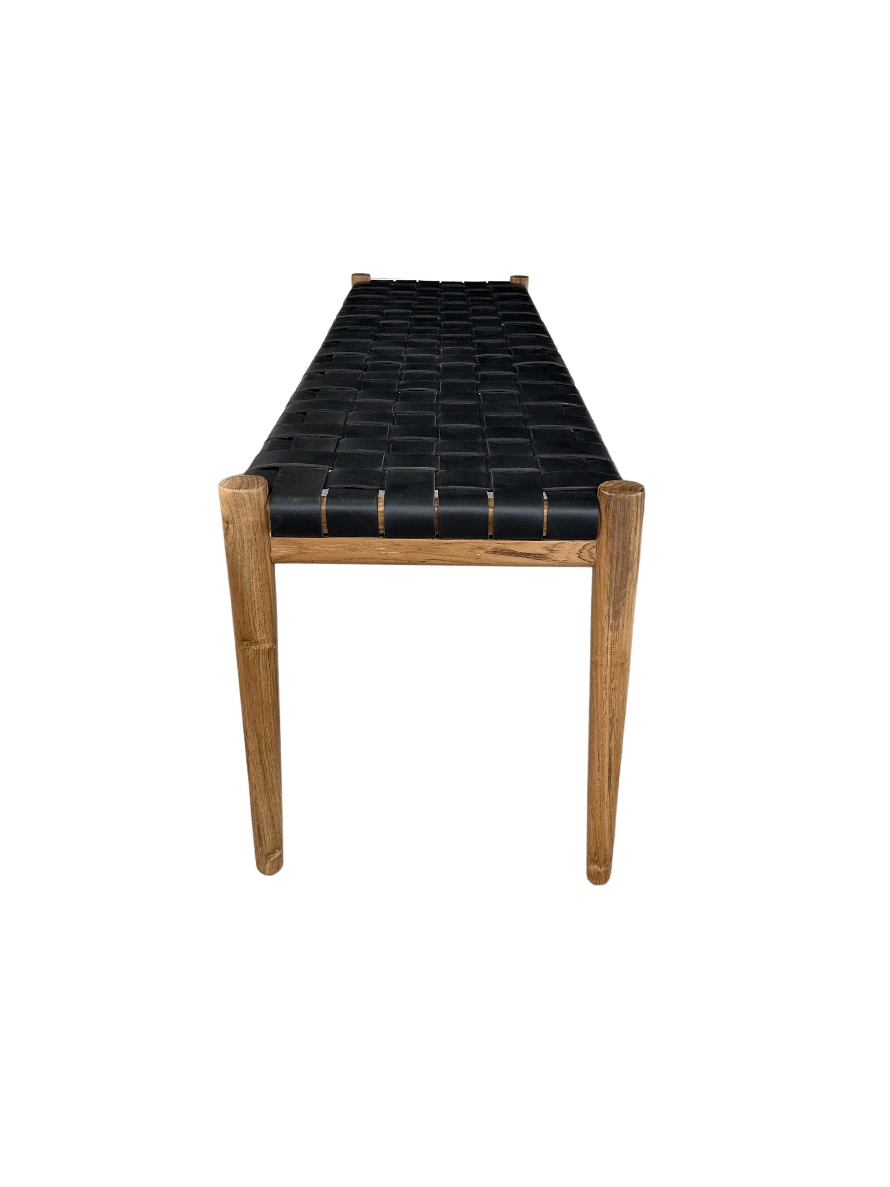 Teak Wood Framed Bench, with Woven Leather Seat In New Condition For Sale In Jimbaran, Bali
