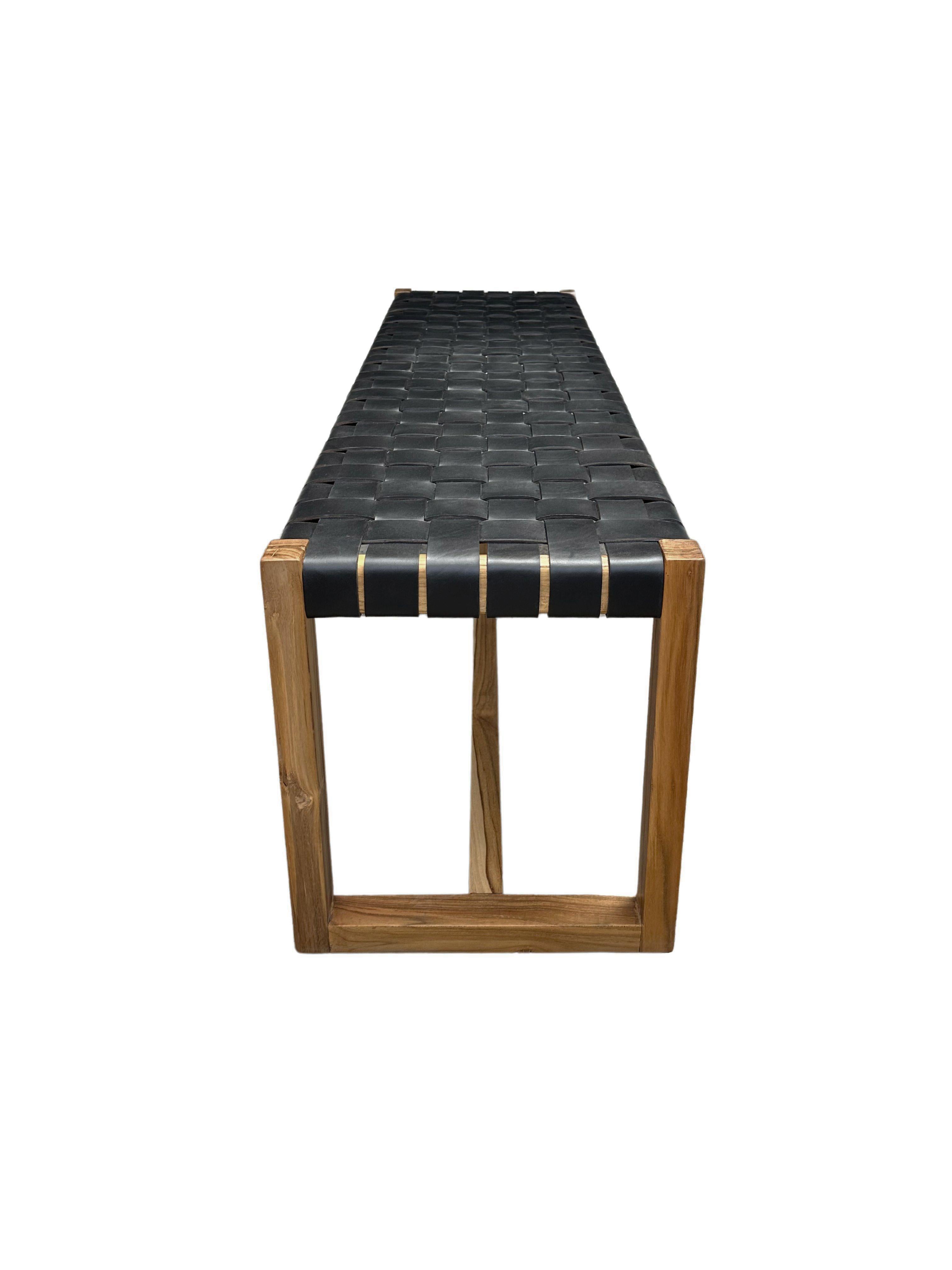 Teak Wood Framed Bench, with Woven Leather Seat In New Condition For Sale In Jimbaran, Bali
