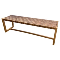 Teak Wood Framed Bench, with Woven Leather Seat