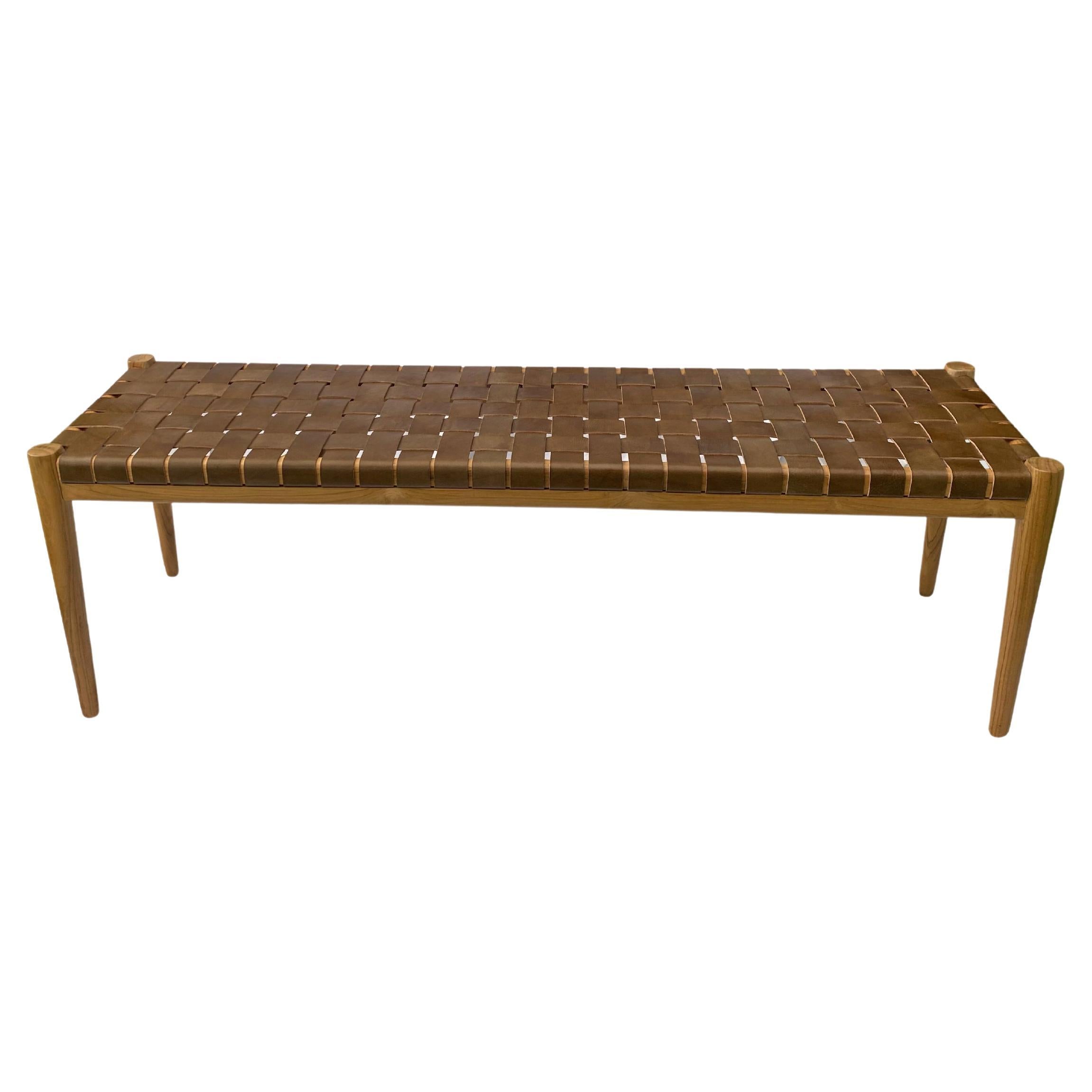 Teak Wood Framed Bench, with Woven Leather Seat For Sale