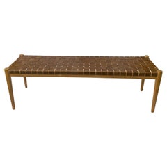 Teak Wood Framed Bench, with Woven Leather Seat