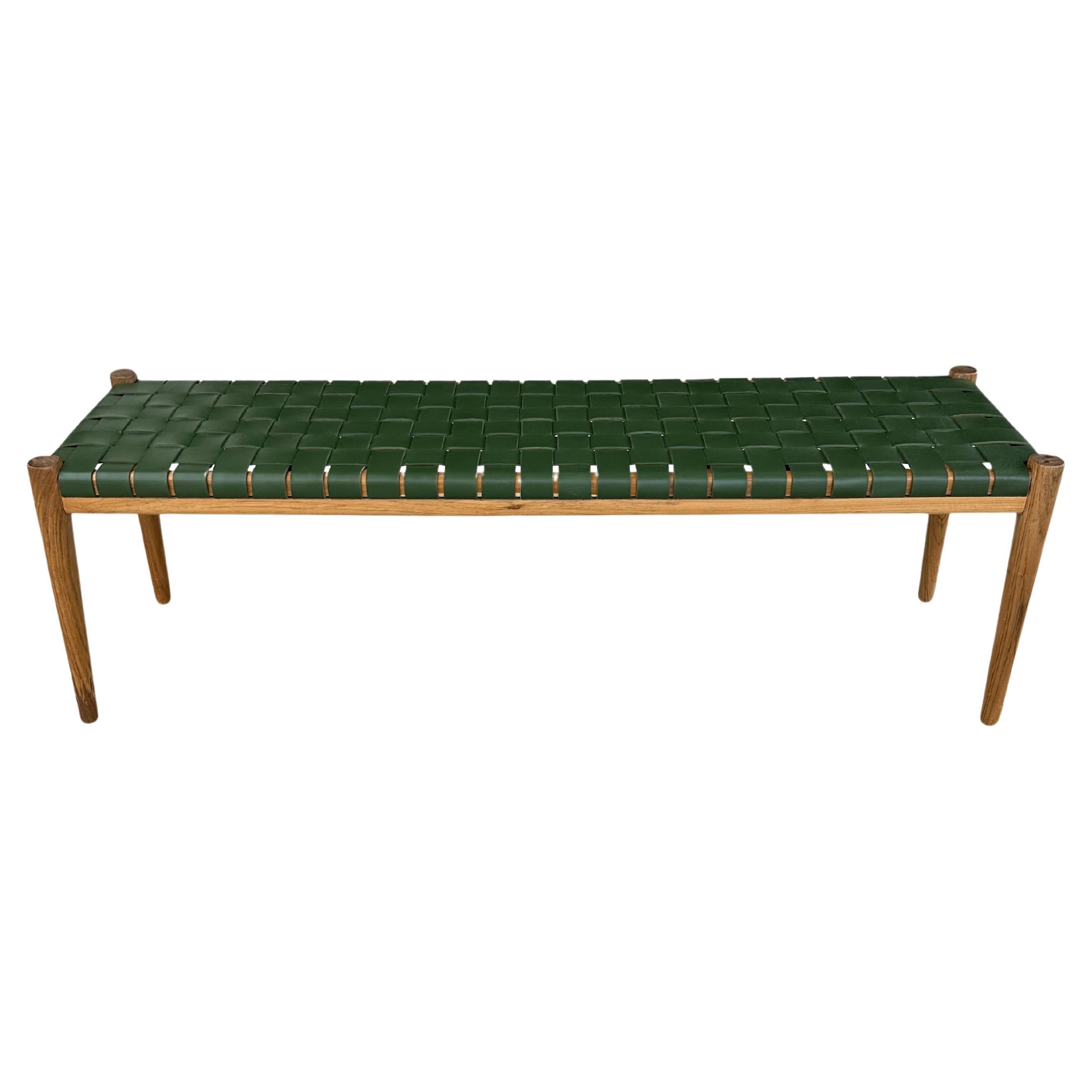 Teak Wood Framed Bench, with Woven Leather Seat